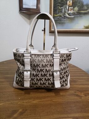 Michael Kors Brown and Cream MK Signature Shoulder Tote